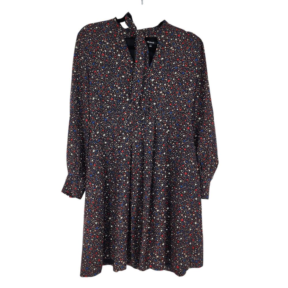 Madewell Balsam Tie Neck Black Starry Night Print Silk Long Sleeve Dress Size 6